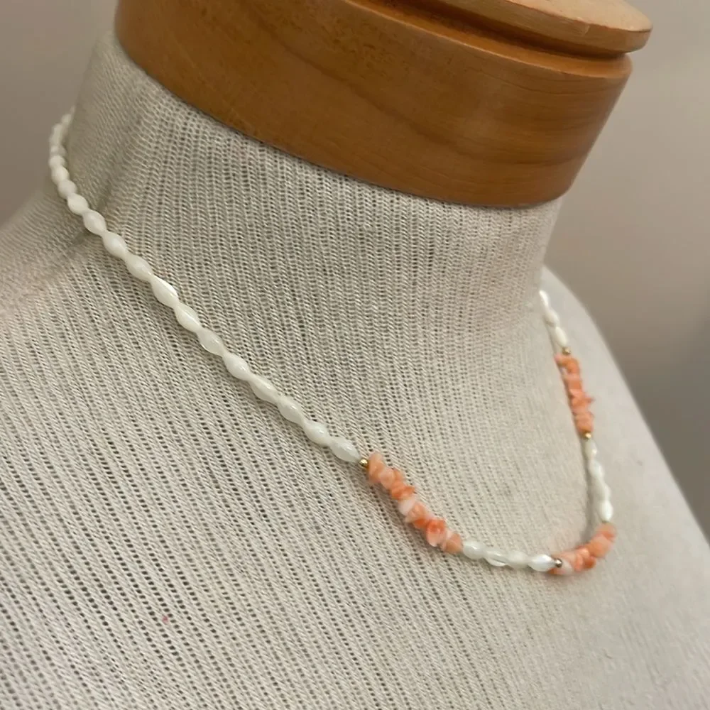 Vintage Lucoral Single Strand Coral & Mother of Pearl Necklace Rice Beads